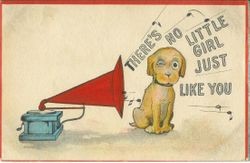 Greeting card with picture of little dog and gramophone, postmarked San Francisco October 28, 1913