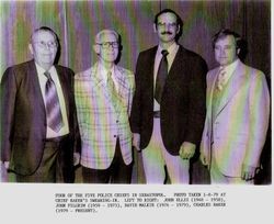 Group photo of three former Sebastopol Police Chiefs--John Ellis, John Pilgrim and David Malkin--with the current (1979) Police Chief, Charles Baker, January 9, 1979