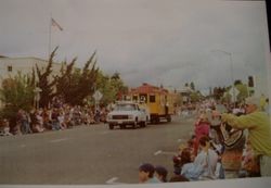 Restored Petaluma & Santa Rosa Railway boxcar in the Apple Blossom Parade, Sebastopol April 15, 2000