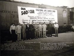 Sebastopol Apple Growers Union (SAGU) ships its 540th Pacific Fruit Express rail car of canned and processed apple products, about 1950-52 completing its largest shipping season since World War II