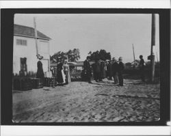 Men and women waiting for the P&SR train in Graton, California, 1910