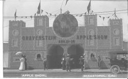 1911 Gravenstein Apple Show main entrance with facade made to look like a stone or brick castle