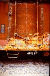 Pacific Fruit Express boxcar being refurbished and sand blasted for the West County Museum at 261 South Main Street in Sebastopol, California, 1995