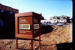 Sign at the site of the future home of the Imperial Savings Bank at the corner of Main Street and Highway 12 in Sebastopol, California, 1971