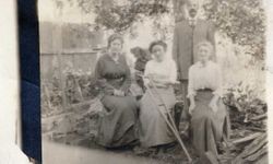 Lydia "Tot" Harland Barnes with crutch, daughter of Henry S. Barnes and Kate Erton Barnes