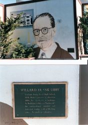 Willard F. Libby mural at Analy High School and a close up of the plaque that can be seen at Libby's left shoulder, May 6, 1984