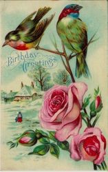 Birthday card withe birds, pink roses and "Birthday Greetings" message