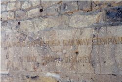 Petaluma & Santa Rosa Railway Company Stony Point Quarry plaque on the P&SR Railroad Powerhouse building at 238 Petaluma Avenue, Sebastopol, California, about 2002