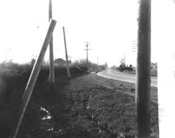 Car parked on the side of Gravenstein Highway at McKay's Corner, south of Sebastopol, California, 1930s