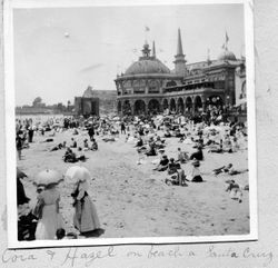 Sisters Cora L. Miller (Elvy) and Hazel Odetta Miller (blackesley, Frazee) at the Santa Cruz beach in 1908