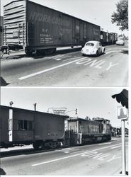 Southern Pacific train traveling down Sebastopol's Main Street in 1983