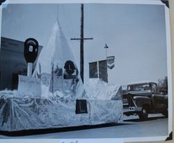 Three photos of the Sebastopol Lions Club float in the shape of a pyramid and a parking meter in the Apple Blossom Parade, about 1955 on South Main Street (Sebastopol Lions Club scrapbook photo)