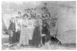 Group of young people on a camping trip at the Russian River, about 1900