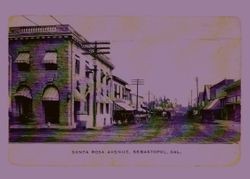 Santa Rosa Avenue at Main Street in Sebastopol, California looking east, about 1910