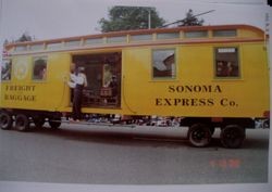 Restored Petaluma & Santa Rosa Railway boxcar in the Apple Blossom Parade, Sebastopol April 15, 2000