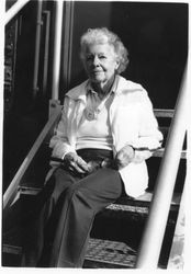 Grace Abbott in front of the boxcar at West County Museum at the time she recorded her oral history with Arlene Houghton in 1992