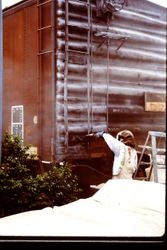 Pacific Fruit Express boxcar being refurbished and sand blasted for the West County Museum at 261 South Main Street in Sebastopol, California, 1995