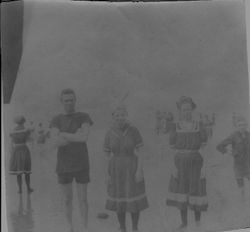 Group in bathing suits, possibly on the Russian River or at the Sonoma coast, 1920s