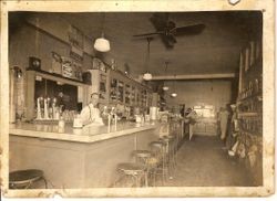 Interior of Jack Daveiro's soda shop/cigar shop/cafe at 153 North Main Street, Sebastopol, California