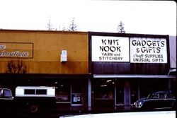 Unique Boutique store front next to Knit Nook and Gadgets and Gifts in downtown Sebastopol, California, 1977