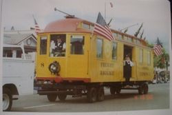 Restored Petaluma & Santa Rosa Railway boxcar in the Apple Blossom Parade, Sebastopol April 15, 2000