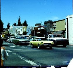 Street scene of North Main Street near Medico Drugs in Sebastopol, California, about 1977
