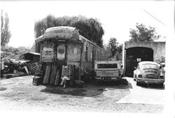 Old P&SR railroad car waiting for restoration on Bloomfield Road in Sebastopol, about 1975