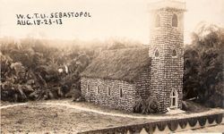 1913 Gravenstein Apple Show display of building--possibly a church, sponsored by the Women's Christian Temperance Union of Sebastopol