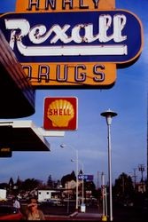 Analy Pharmacy Rexall Drug Store sign at approximately 186 North Main Street, Sebastopol, California, February 1977