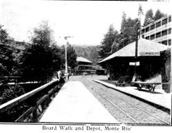 Board walk and depot, Monte Rio, from postcard booklet of Monte Rio on the Russian River, California, about 1900