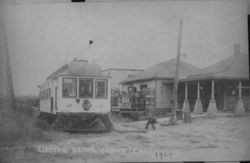 Train No. 67 stopping for passengers at the P&SR Electric railway depot in Graton, 1909