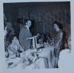 Sebastopol Lions Club dinner meeting with Roy Carson, Mrs. Carson and Liz Shatto, about 1955