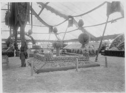 Gravenstein Apple Show displays with display of fountain made of apples, 1910s