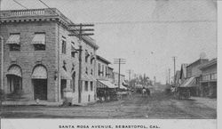 Intersection of Main Street and Santa Rosa Avenue looking east in Sebastopol, 1910s