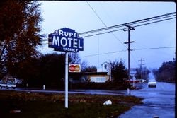 Sign for the Rupe Motel at Sparkes Road and Gravenstein Highway South, Sebastopol, California, about 1970