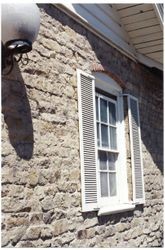 Window and brickwork of the P&SR Railroad Powerhouse building at 238 Petaluma Avenue, Sebastopol, California, about 2002