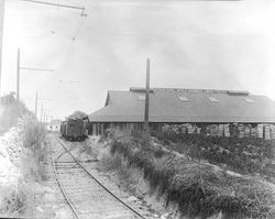 Sebastopol Apple Growers Union Packinghouse No. 1 next to P&SR electric railway in Sebastopol