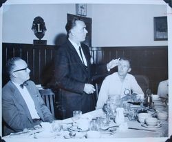 Don Hosford, Guest speaker Fred Becker and Leslie Offutt at a dinner meeting of the Sebastopol Lions Clubs held at the Chamber of Commerce building, about 1955 (Sebastopol Lions Club scrapbook photo)