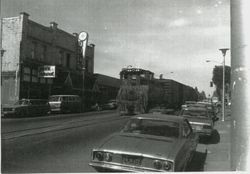 P&SR freight train traveling south on South Main Street, Sebastopol, about 1970s