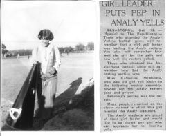 Analy High School yell leader (cheerleader) Katherine McMannis and accompanying newspaper article dated October 22, 1924