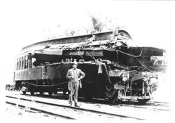 Wreckage of a smoker car in which several people were killed when it was hit by a baggage car