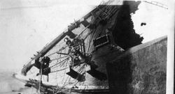 Bow of the wreck of the Newberg on its side at North Beach, Bodega Bay, 1918