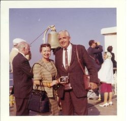 Bunni and George Streckfus on board a ship or boat at their arrival in New York City, 1959