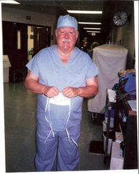 Unidentified male Palm Drive Hospital staff member in surgery clothes, 1985