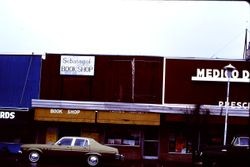 Sebastopol Book Shop and Medico Drug store on North Main Street in downtown Sebastopol, California, 1977