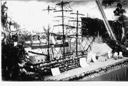 1914 Gravenstein Apple Show display of a model 3-masted ship made of apples depicting "Cooks Discovery of the North Pole"
