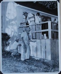 Sebastopol Lions Club members Dick Dickenson, Ed Herring, Phil Wetch and John Fore painting an unidentified Sebastopol house, about 1955 (Sebastopol Lions Club scrapbook photo)