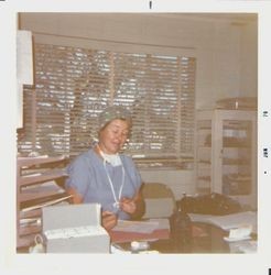 Barbara O'Brien in surgery scrubs--Palm Drive Hospital staff, about 1970