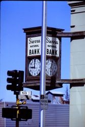 Clock of the Sierra National Bank at the corner of South Main Street and Sebastopol Avenue, Sebastopol, California, 1970
