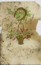 Greeting card with a wicker basket with flowers help by horseshoe, early 1900s